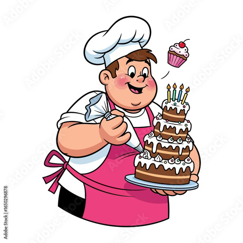 The Pastry Chef's Sweet Creation: A jovial pastry chef, donned in pristine attire, meticulously decorates a multi-tiered cake with skill, alongside a playful cupcake.