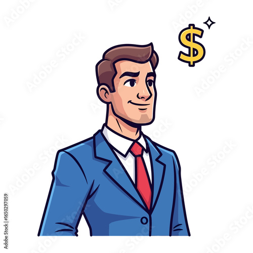 Money-Minded: A confident businessman, envisioning a gleaming dollar sign, embodies aspirations of financial achievement and prosperity.