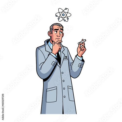 Scientific Pondering: A contemplative figure, dressed in a laboratory coat, is engrossed in deep thought about the complexities of an atom.