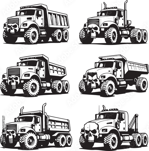 Six black and white illustrations of heavy duty trucks with skull faces on white background dump truck