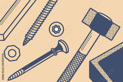 Overhead view of construction tools and fasteners on a beige background hardware
