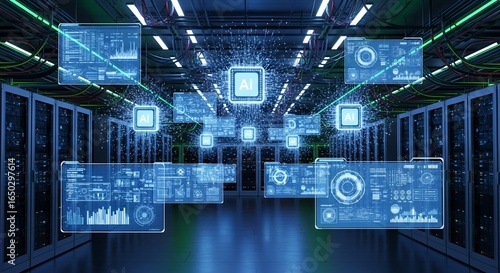 Futuristic AI data center with holographic displays and server racks