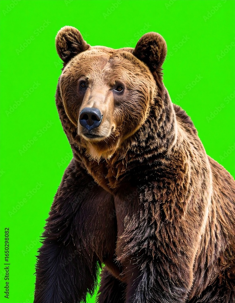 Obraz premium A large brown bear, front view, against a bright green background