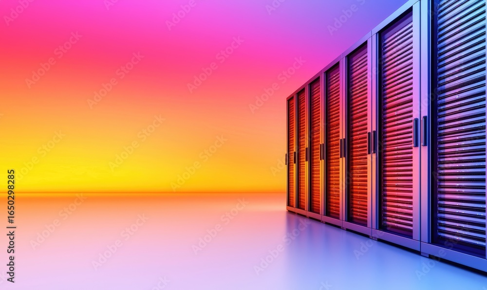 Obraz premium Servers against a vibrant, gradient backdrop. Metallic server racks stand in a row, reflecting the colorful orange, yellow, and pink background. Floor reflects the scene