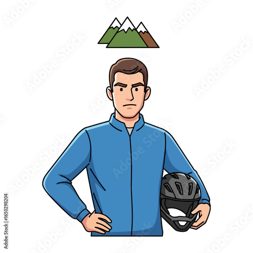 Adventurer with Helmet: An illustration depicts an determined individual preparing for mountain biking, holding a helmet, with mountain icon above.