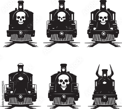 Six trains with skull faces and one with horns on white background locomotive steam engine