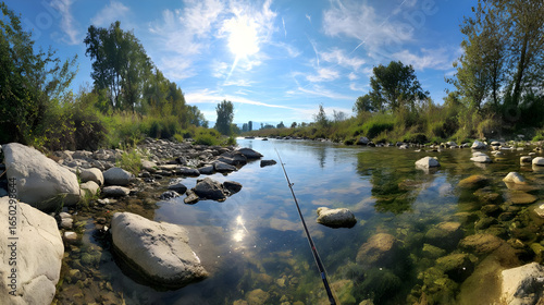 Summer River Fishing Scene Bright Sunny Day