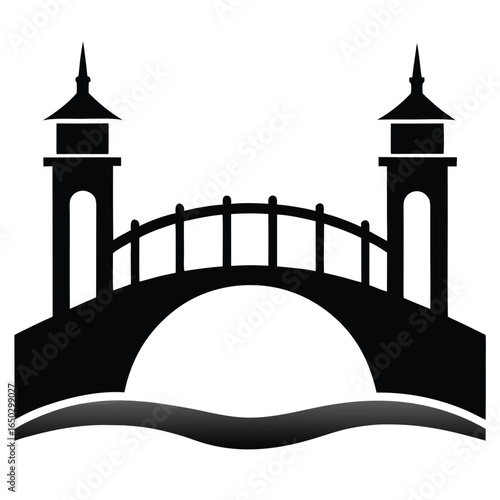 Architectural silhouette of a bridge spanning over water at sunset