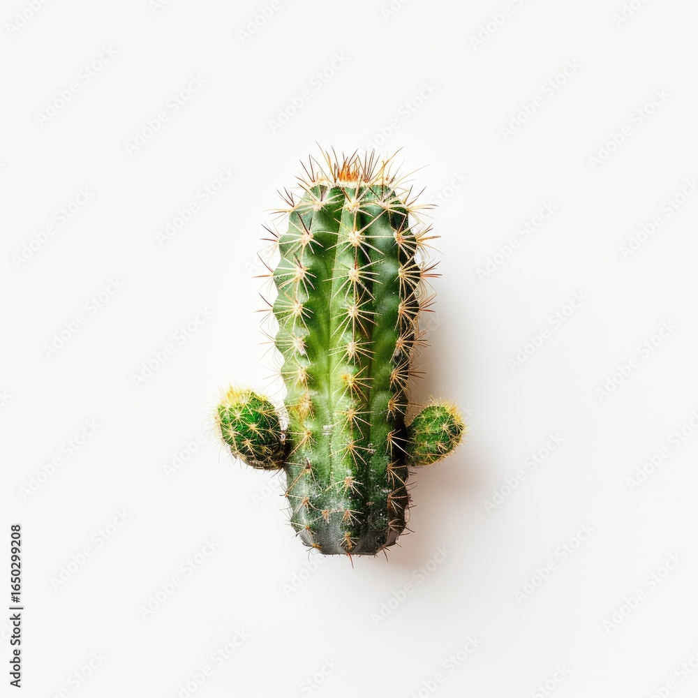 Naklejka premium A small, green cactus with spines atop a white background