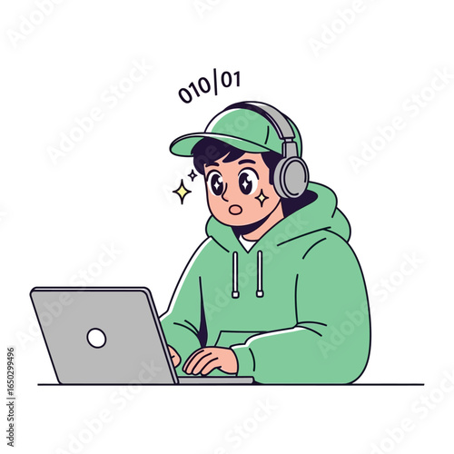 Young coder with laptop: Capturing a young coder, fully engrossed in the world of coding, working on a sleek laptop, surrounded by digital brilliance.