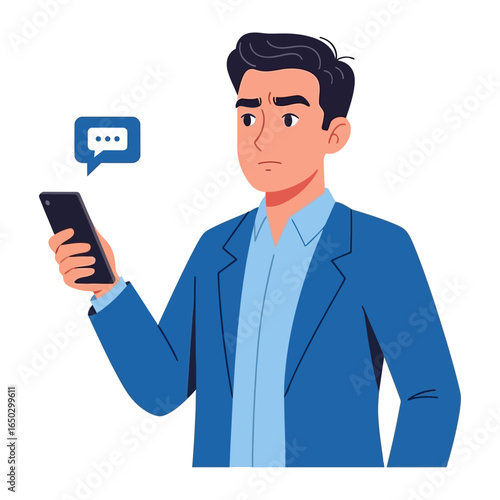 Man and Smartphone: A sophisticated man in a blue suit stares intently at his smartphone, the speech bubble above his head hinting at unread messages and a moment of contemplation