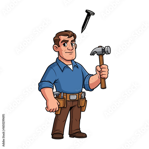 Handyman and Tools: An illustrated handyman, embodying skill and precision, is poised with hammer in hand. with his various tools, ready to build, fix, or create.