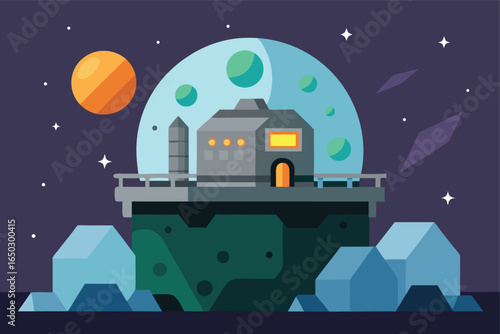 Cute Sci Fi Asteroid Mining Station With Blinking Lights