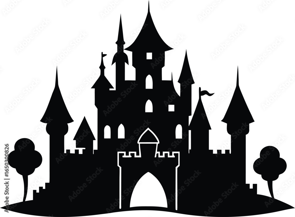 Obraz premium Magical Castle with Turrets Vector Elements Silhouette Clipart