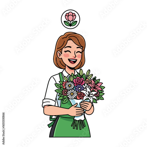 Floral Affection: An Illustration of a smiling florist lovingly holding a fresh and colorful bouquet, showcasing nature's beauty and professional dedication.