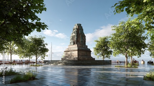 Memorial stands serene in a vibrant city park after rain offering quiet reflection with diffused