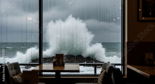 Dramatic oceanic spectacle captured through a panoramic window evokes moody reflection and awe