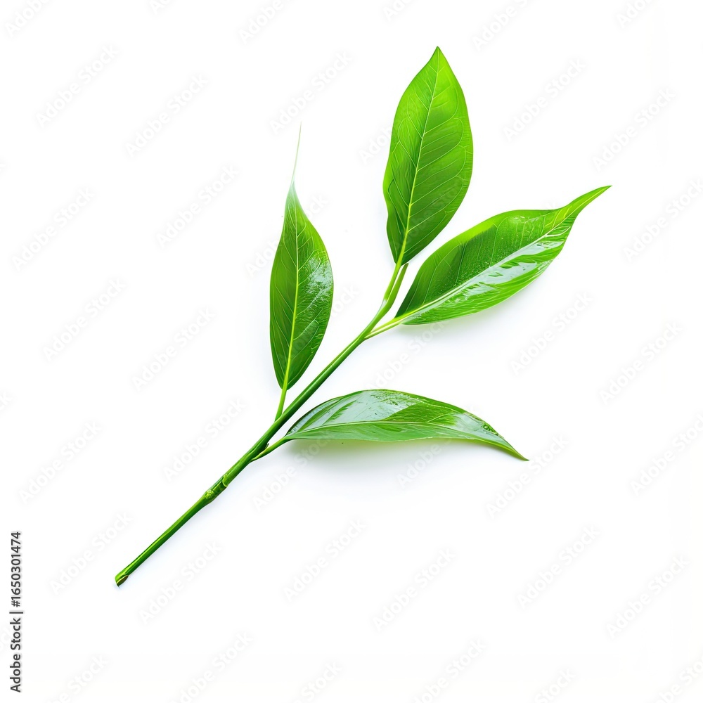 Fototapeta premium Fresh green tea leaves on a stem, isolated on white