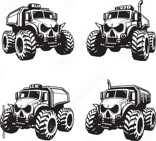 Four monster trucks with skull fronts and different body styles on white background vehicle off road