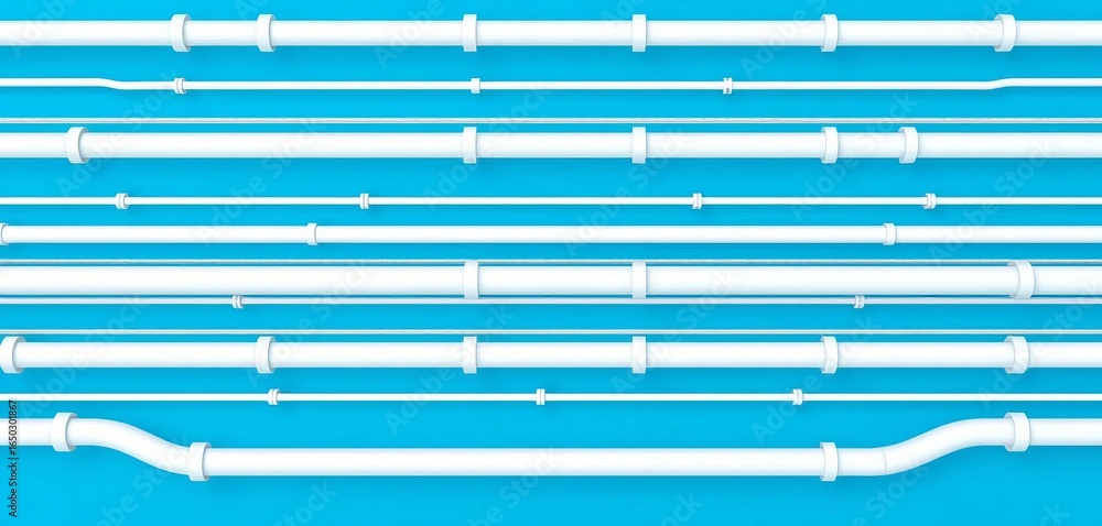 Seamless pattern of horizontal industrial pipes with white piping detail on blue background,  piping,  graphic