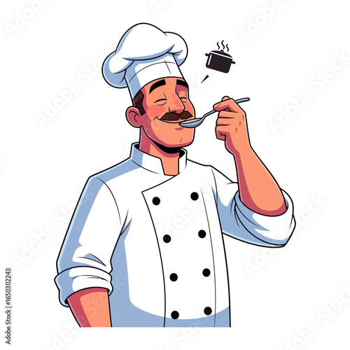 Taste Test Triumph: A professional chef, in a crisp white uniform, savors a spoonful of delectable creation with his eyes closed, embodying culinary expertise and the art of taste.