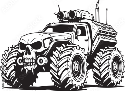 Black And White Monster Truck With Skull Face And Dual Exhaust Pipes vehicle off road