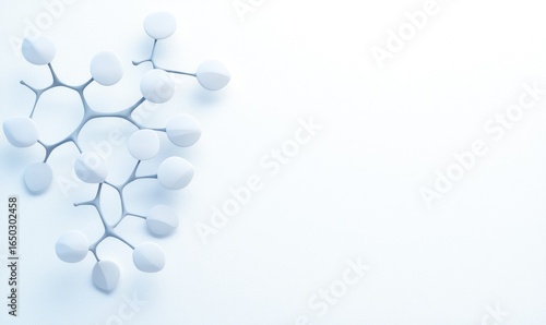 Interconnected spheres and rods form a stylized molecular structure, casting subtle shadows on a pale surface. Light from above. Clean, minimalist design with ample negative space