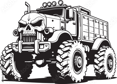 Black And White Monster Truck With Skull Face And Open Bed vehicle off road