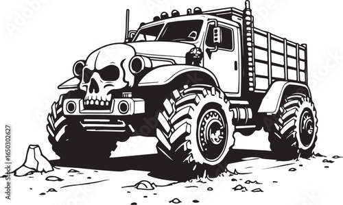 Black and white illustration of a monster truck with a skull front vehicle