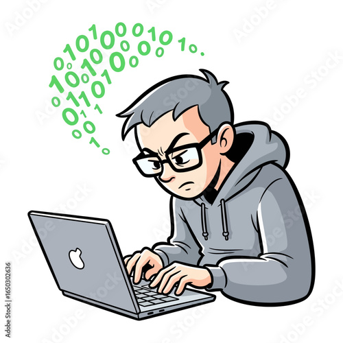 Code Conundrum: An intense illustration of a coder at work, grappling with binary code pouring from the mind above the laptop