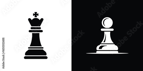Contrasting Chess Pieces Black King on White, White Pawn on Black Background Displayed