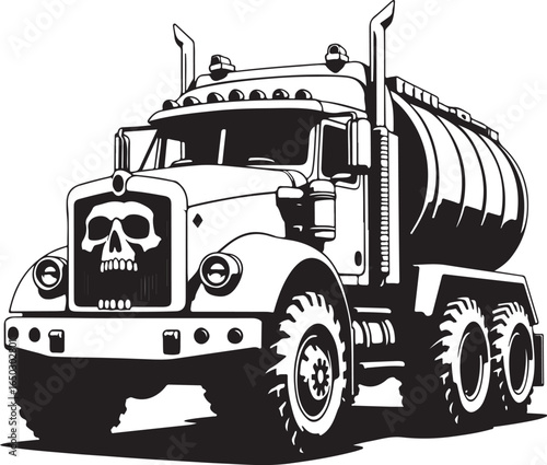 Black and white illustration of a tanker truck with a skull front vehicle