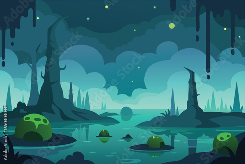 Fantasy Space Swamp With Thick Mist And Glowing Bugs