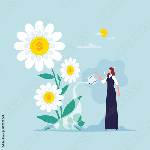 Financial or investment growth concept, increase earning profit and capital gain, businesswoman investor finish watering growing money plant seedling with coin flower