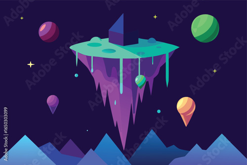 Floating Alien Island In Space With Crystal Waterfalls