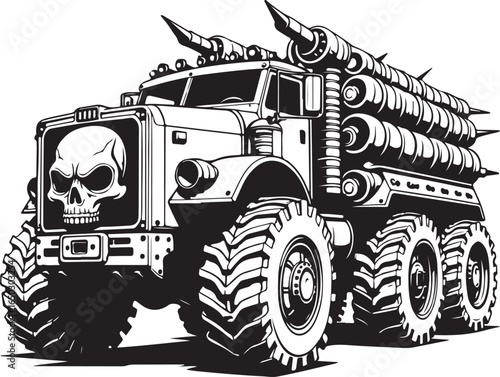 Black and white illustration of a military-style truck with rockets and a skull grille military truck