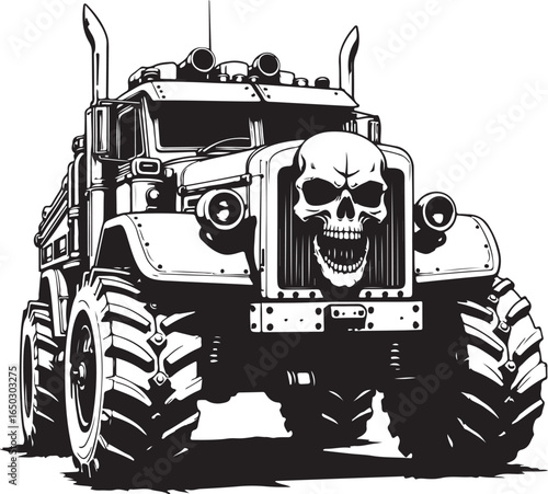 Front view black and white illustration of a large truck with a skull grille heavy duty vehicle