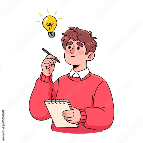 Illumination: A figure brimming with ideas, depicted with a lightbulb symbol representing inspiration, holding a pen and a notepad.