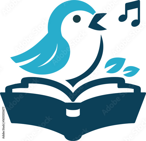 Logo of a bird singing and standing on a opened book