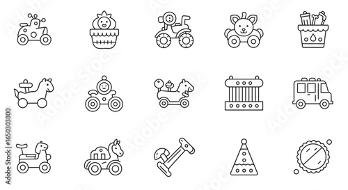 A collection of whimsical toy icons, illustrated in a simple line art style, perfect for children's designs, playful projects, and creative educational resources.