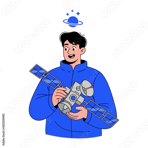 Space Explorer and Satellite: A person joyfully holds a detailed satellite, envisioning celestial exploration and the wonders of the cosmos.