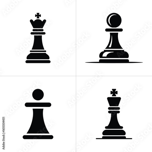 Four Black Chess Pieces King, Queen, and Pawns on a White Background