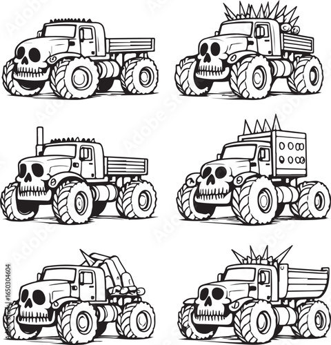 Cartoon monster trucks with skull faces and spiked decorations vehicle illustration