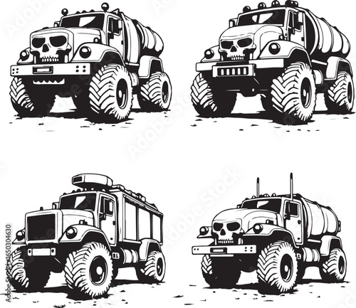 Four black and white illustrations of monstrous trucks with skull fronts and various bodies off-road
