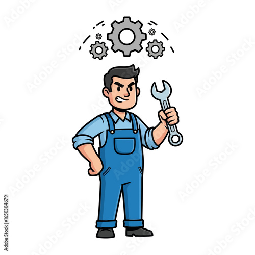 Mechanic with Tool: A determined mechanic, rendered in crisp, vector-style lines, brandishes a wrench, with gears of progress floating above.