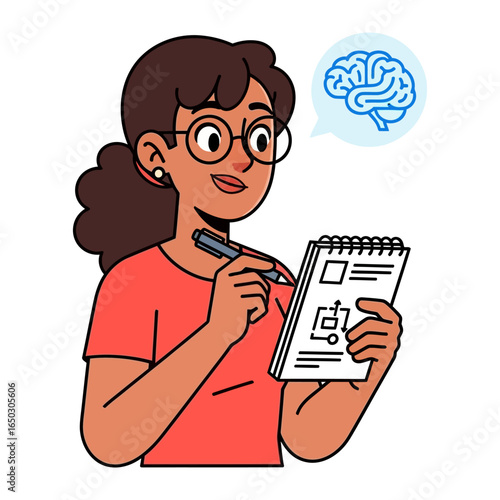 Brainstorming Illustrated: A woman sketching ideas in a notebook, symbolizing thought, creativity, and the process of visualizing concepts.