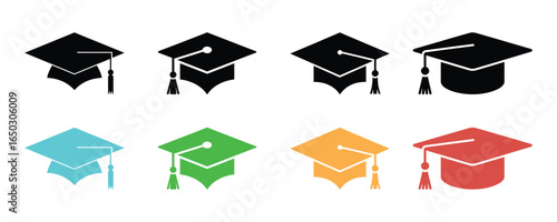 Colorful Graduation Cap Icons Black, Blue, Green, Yellow, and Red Mortarboards Design