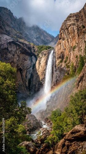 A stunning waterfall cascades down rocky cliffs, surrounded by lush greenery, with a vibrant rainbow forming in the mist.