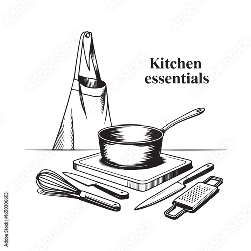 Kitchen Essentials Illustrated in a Simple Line Drawing