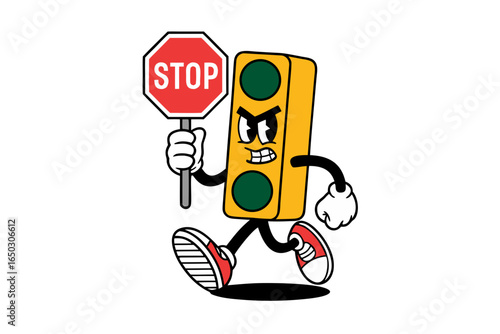 Cartoon illustration of a traffic light character holding a stop sign, walking with an angry expression isolated on white background